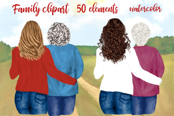 Mother and Daughter, Granny Clipart: Watercolor Family Art